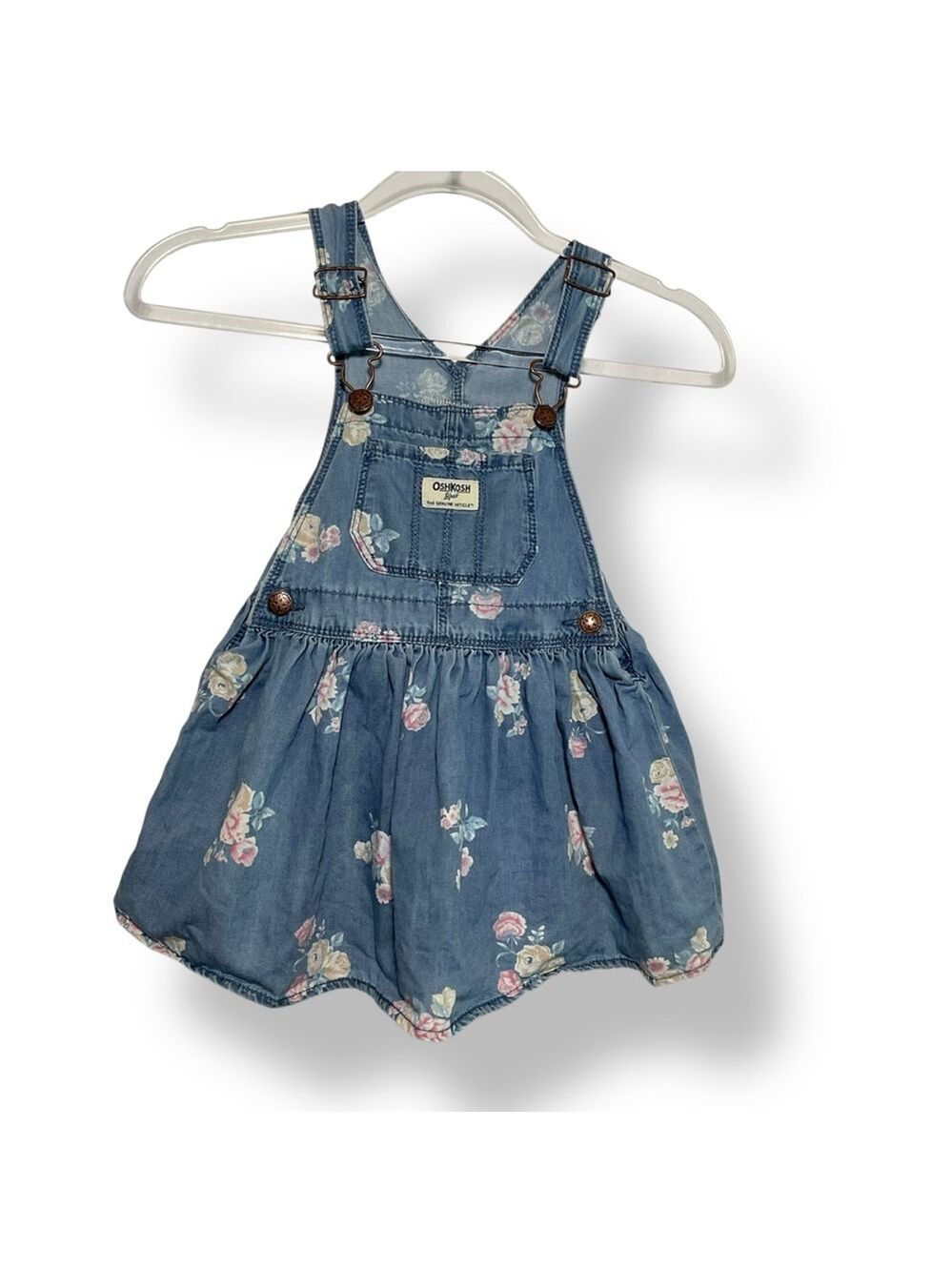 OshKosh B'Gosh Overalls Dress Denim‎ Vestbak Floral Blue Skirt Girls Size 3T